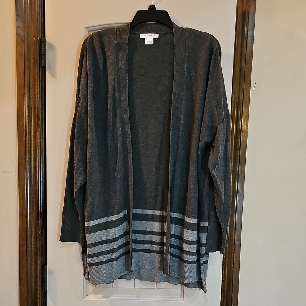 Gray Open Front Cardigan with Stripes